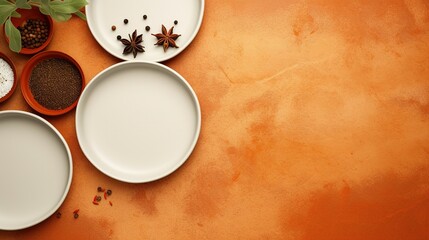 Obraz na płótnie Canvas Three set of empty white plates on the orange concrete table with few spices, herbs and chilies above top view, in the style of minimalist backgrounds.