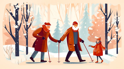 Watercolor drawing of grandparents with their granddaughter on a walk in the winter forest