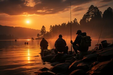 Sunset shoreline scene anglers gather, casting lines, silhouetted beautifully