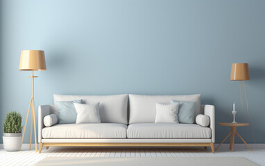 Fototapeta na wymiar Scandinavian interior of living room concept, light gray sofa with gold lamp on white flooring and blue wall,3d rendering
