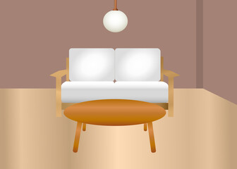 living room decorating by wooden sofa table made up from illustrations 
