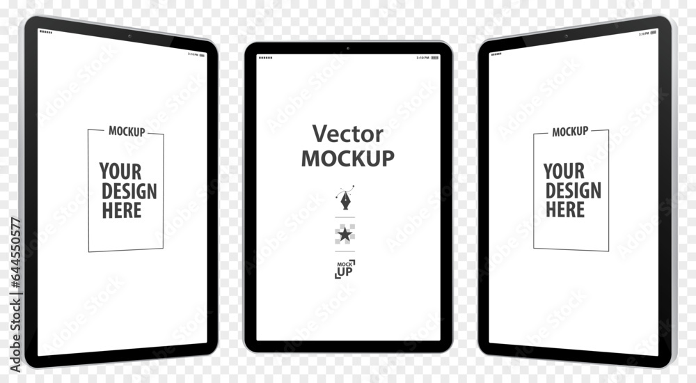 Wall mural tablet computer vector mockup illustration with perspective view. tablet pc screens isolated on tran