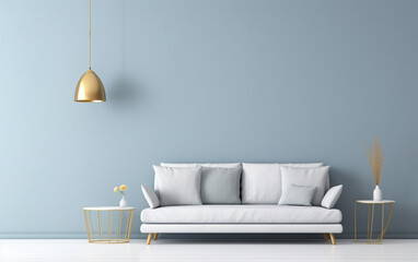 Scandinavian interior of living room concept, light gray sofa with gold lamp on white flooring and blue wall,3d rendering