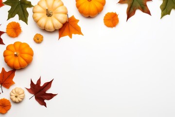 Autumn composition - orange pumpkins and colorful dried leaves on white background, copy space, top view, greeting card, design mock up