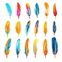 Acrylic colorful textured feathers set on white background. AI generated