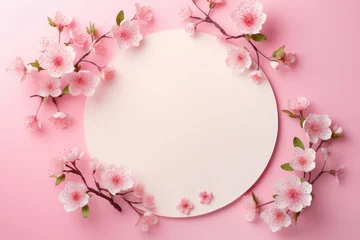 Deurstickers circle decorated sakura on pink background © Tidarat