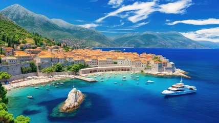 Poster Aerial view Of Sveti Stefan island in Budva, Montenegro. Beautiful Landscape in Mediterranean © Lyn Lyn