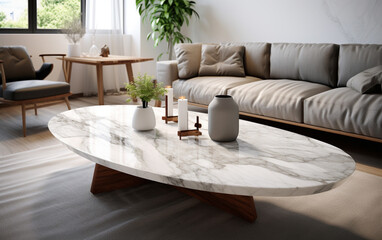 Fototapeta na wymiar Top marble table in living room background