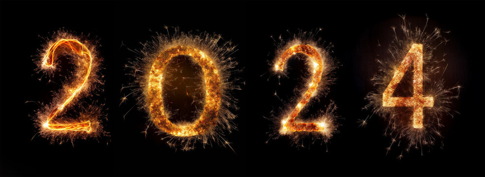 Number of year 2024 written with Sparkle firework isolated on black background