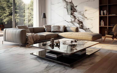 Top marble table in living room background - obrazy, fototapety, plakaty