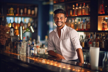 Portrait of happy young man who works as a bartender at bar. Beautiful waiter or small business owner barista bartender standing at the bar counter in restaurant. - obrazy, fototapety, plakaty