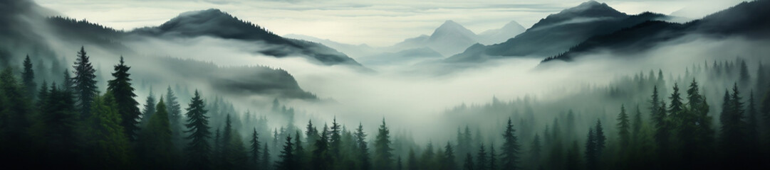 Fototapeta premium Whispering Serenity: Misty Fir Forest in the Dawn