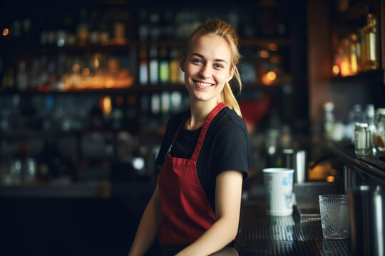 Portrait of happy young woman who works as a bartender at bar. Beautiful waitress or small business owner barista bartender standing in apron at the bar counter in restaurant.