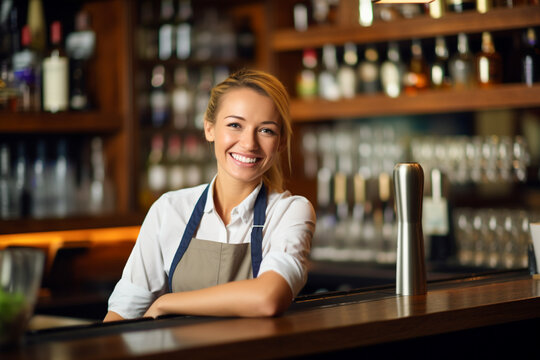 Portrait of happy young woman who works as a bartender at bar. Beautiful waitress or small business owner barista bartender standing in apron at the bar counter in restaurant.