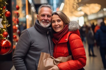 Loving Scandinavian middle aged couple on a Christmas eve in mall. They are standing and smiling next the christmas tree in mall. Christmas sales concept.