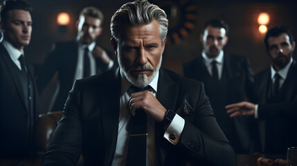  The most interesting man in the world. Middle aged classic beard gentleman wearing expensive suit and accessories, standing in a dark place, with his team in his background. Serious mafia boss  - obrazy, fototapety, plakaty