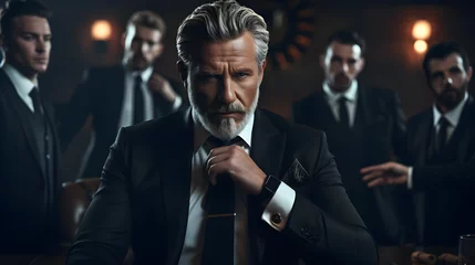 Foto auf Alu-Dibond  The most interesting man in the world. Middle aged classic beard gentleman wearing expensive suit and accessories, standing in a dark place, with his team in his background. Serious mafia boss  © Andrei