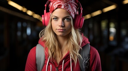 Teenage girl in casual wear listening to vinyl records.
