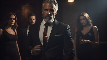  Grey hair man. Middle aged classic beard gentleman wearing expensive suit and accessories, standing in a dark place, with his team in his background. Serious mafia boss  - obrazy, fototapety, plakaty