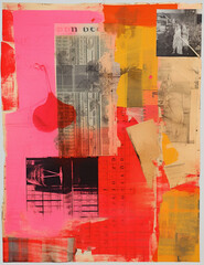abstract background: collage with newsprint and silkscreened color - obrazy, fototapety, plakaty