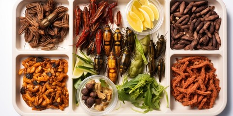 The solution to the problem of nutritional deficiencies is the cultivation of edible insects. An example of school food made from insects. Top view.