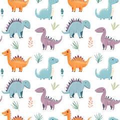 Seamless pattern of cute colorful dinosaurs with floral elements. Сhildren's print