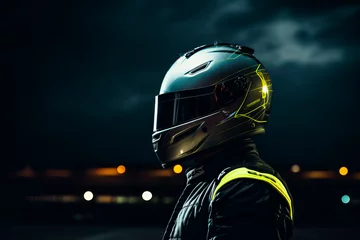Foto op Plexiglas Race Car Driver in Jumpsuit with Helmet and Mirrored Visor, Seen from Side and Back at Racetrack © GustavsMD