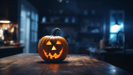 Pumpkin Jack-O-Lantern on the kitchen table. Sinister atmosphere. Selective focus. 