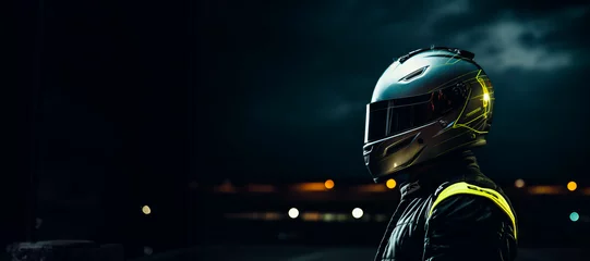 Poster Race Car Driver in Jumpsuit with Helmet and Mirrored Visor, Seen from Side and Back at Racetrack © GustavsMD
