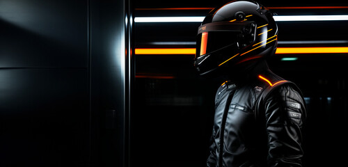 Race Car Driver in Jumpsuit with Helmet and Mirrored Visor, Seen from Side and Back at Racetrack