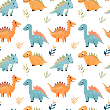 Seamless pattern of cute colorful dinosaurs with floral elements. Сhildren's print