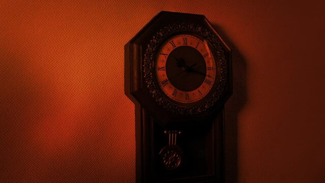 Scary Twisting Shadows Over Antique Wall Clock In Firelight