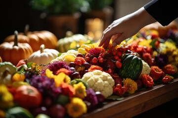 A close-up of a person's hand placing a decorative cornucopia filled with seasonal produce on the Thanksgiving table. Generative Ai.