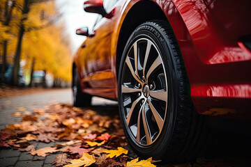 New red car wheel on autumn leaves - obrazy, fototapety, plakaty