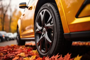 Deurstickers New yellow car wheel on autumn leaves © nnattalli