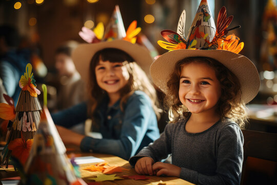Children excitedly crafting paper turkeys and pilgrim hats to wear during their Thanksgiving celebration. Generative Ai.