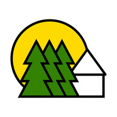 Logo of the house, trees on the background of the sun. Flat vector illustration.