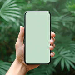 iPhone mockup featuring a hand, set against a solid green backdrop, perfect for app or digital design showcases.