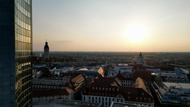 Leipzig. Sunset over the evening city.