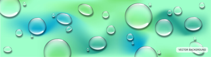 Abstract Vector Background with Transparent Water Drops on Light Green Gradient with blue Spots.