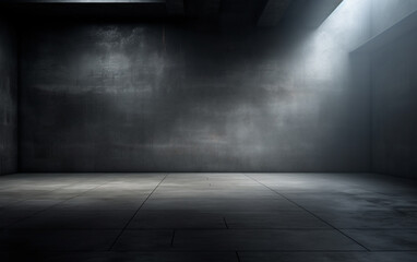 Dark and dark room wall with cement reflective floor, smoke and dim light