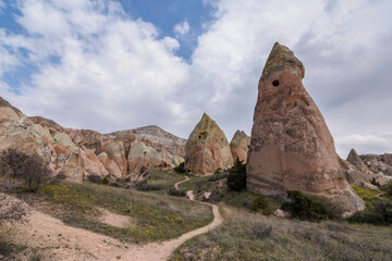 Giant rock and sand formations in touristic Cappadocia.Museum and fairy chimneys in Cappadocia,...