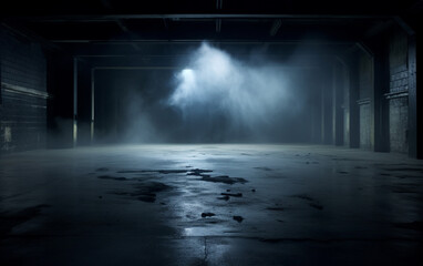 Dark and dark room wall with cement reflective floor, smoke and dim light