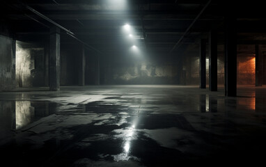 Fototapeta premium Dark and dark room wall with cement reflective floor, smoke and dim light