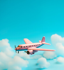 Obraz premium Toy airplane flying above cotton clouds. Travel, holiday background. AI generated image