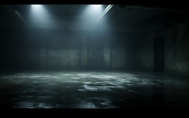 Dark and dark room wall with cement reflective floor, smoke and dim light