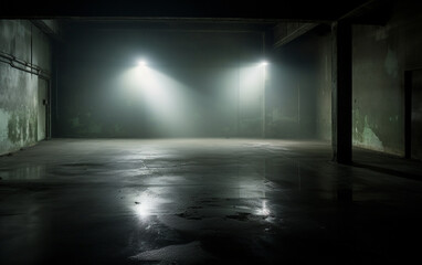 Fototapeta premium Dark and dark room wall with cement reflective floor, smoke and dim light