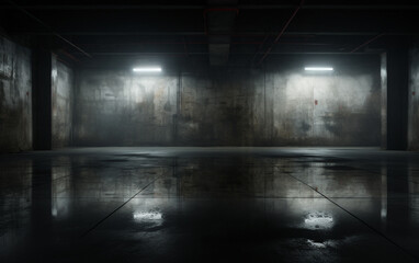 Dark and dark room wall with cement reflective floor, smoke and dim light