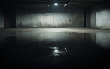 Dark and dark room wall with cement reflective floor, smoke and dim light