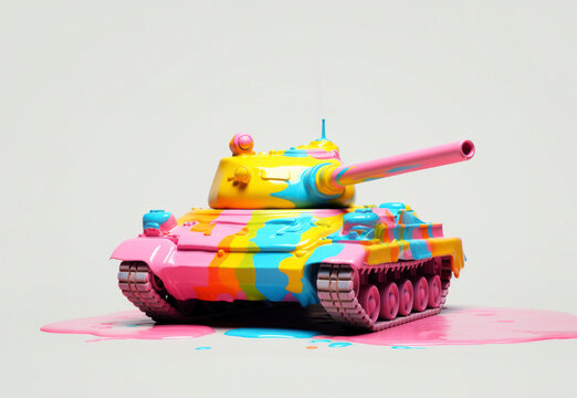 Toy tank covered in colorful paint. Peace conceptual background. AI generated image